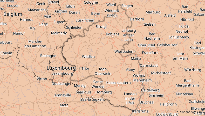 A map of Rheinland-Pfalz, Deutschland, showing the path of the 20. Mär 2015 Totale Sonnenfinsternis