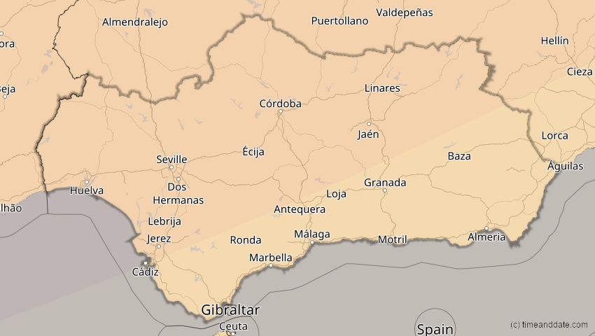 A map of Andalusien, Spanien, showing the path of the 20. Mär 2015 Totale Sonnenfinsternis