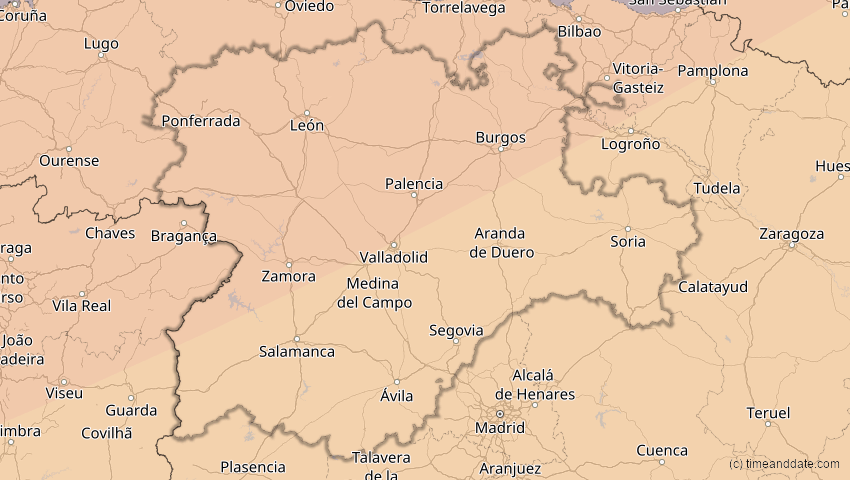 A map of Kastilien und León, Spanien, showing the path of the 20. Mär 2015 Totale Sonnenfinsternis