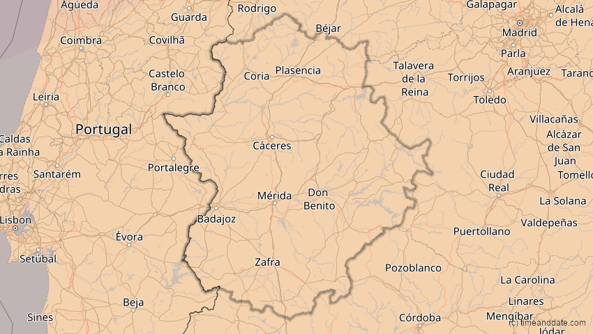 A map of Extremadura, Spanien, showing the path of the 20. Mär 2015 Totale Sonnenfinsternis