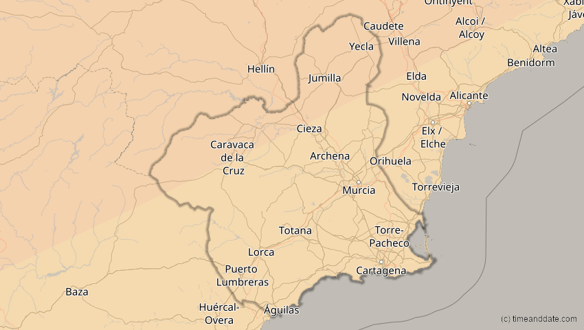 A map of Murcia, Spanien, showing the path of the 20. Mär 2015 Totale Sonnenfinsternis