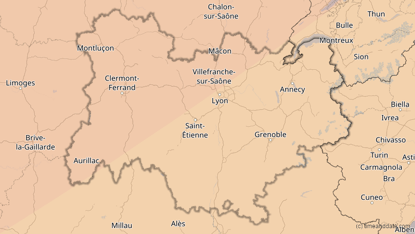 A map of Auvergne-Rhône-Alpes, Frankreich, showing the path of the 20. Mär 2015 Totale Sonnenfinsternis