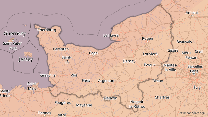 A map of Normandie, Frankreich, showing the path of the 20. Mär 2015 Totale Sonnenfinsternis