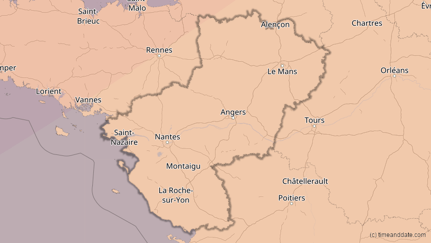 A map of Pays de la Loire, Frankreich, showing the path of the 20. Mär 2015 Totale Sonnenfinsternis