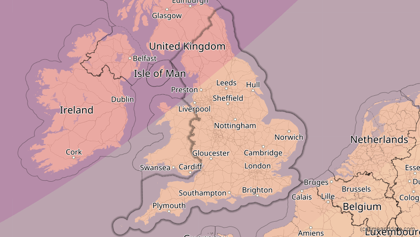 A map of England, Großbritannien, showing the path of the 20. Mär 2015 Totale Sonnenfinsternis