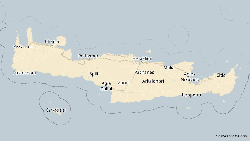 A map of Kreta, Griechenland, showing the path of the 20. Mär 2015 Totale Sonnenfinsternis