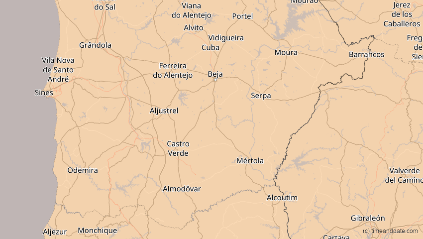 A map of Beja, Portugal, showing the path of the 20. Mär 2015 Totale Sonnenfinsternis