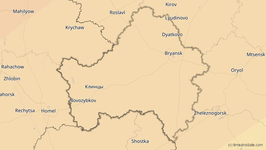 A map of Brjansk, Russland, showing the path of the 20. Mär 2015 Totale Sonnenfinsternis