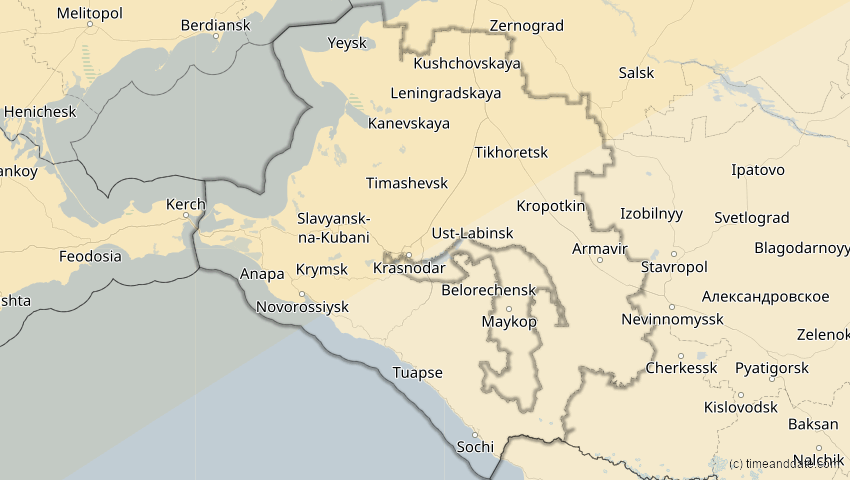 A map of Krasnodar, Russland, showing the path of the 20. Mär 2015 Totale Sonnenfinsternis