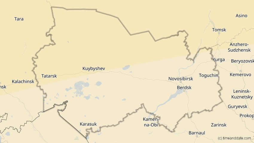 A map of Nowosibirsk, Russland, showing the path of the 20. Mär 2015 Totale Sonnenfinsternis