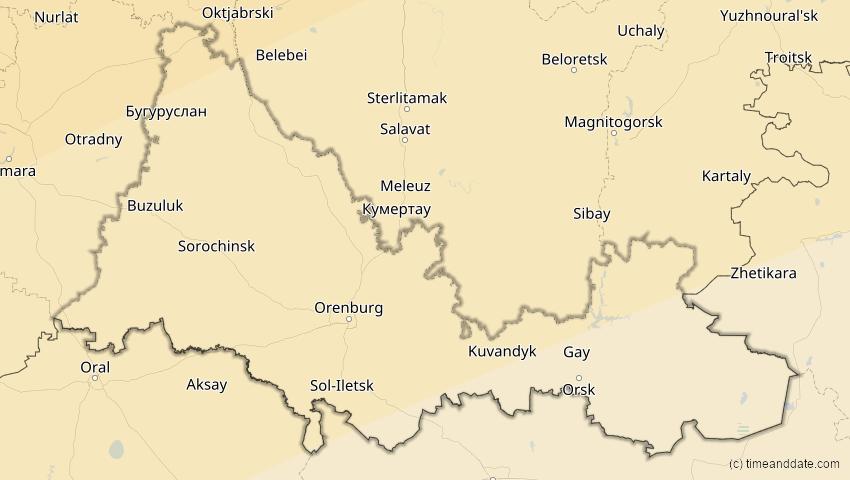 A map of Orenburg, Russland, showing the path of the 20. Mär 2015 Totale Sonnenfinsternis