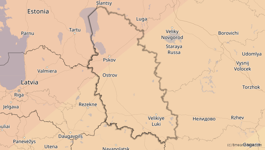 A map of Pskow, Russland, showing the path of the 20. Mär 2015 Totale Sonnenfinsternis
