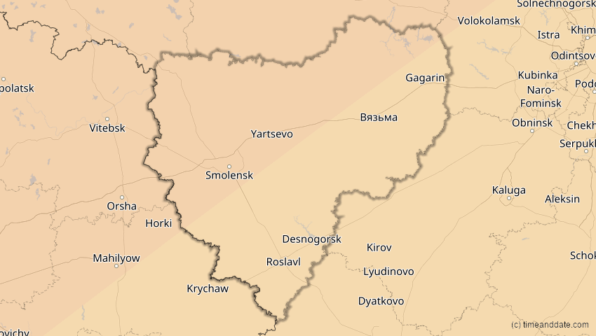 A map of Smolensk, Russland, showing the path of the 20. Mär 2015 Totale Sonnenfinsternis