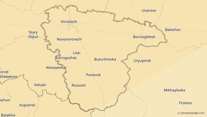 A map of Woronesch, Russland, showing the path of the 20. Mär 2015 Totale Sonnenfinsternis