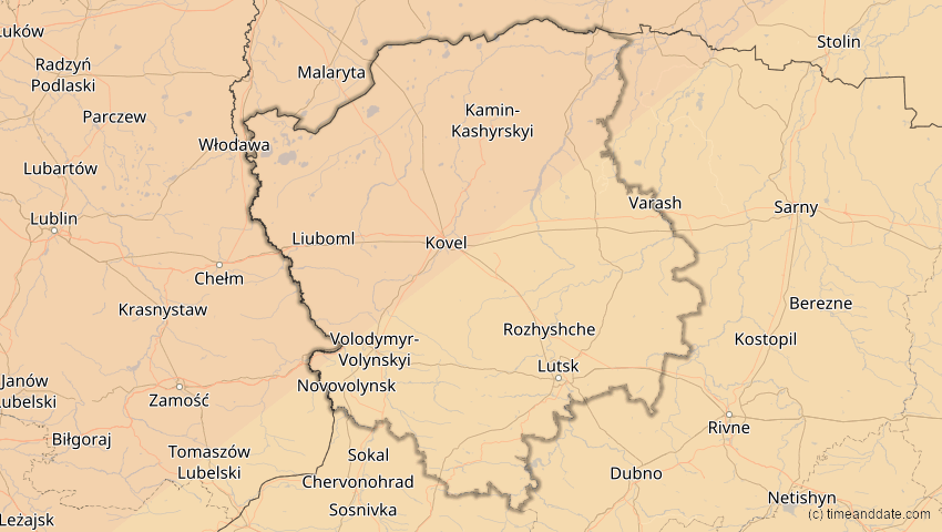 A map of Wolhynien, Ukraine, showing the path of the 20. Mär 2015 Totale Sonnenfinsternis