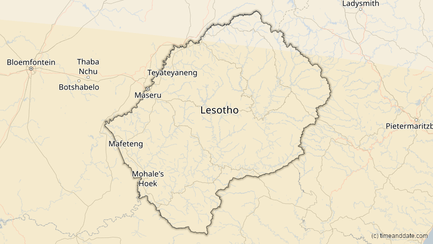 A map of Lesotho, showing the path of the 13. Sep 2015 Partielle Sonnenfinsternis