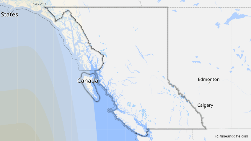 A map of British Columbia, Kanada, showing the path of the 8. Mär 2016 Totale Sonnenfinsternis