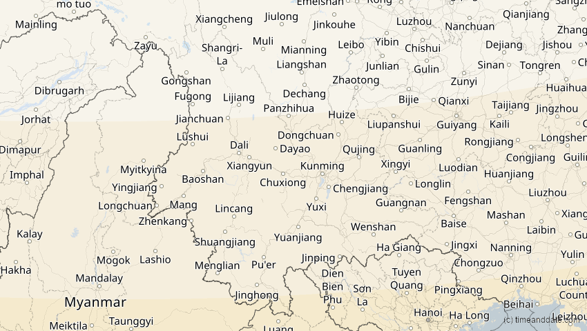 A map of Yunnan, China, showing the path of the 9. Mär 2016 Totale Sonnenfinsternis