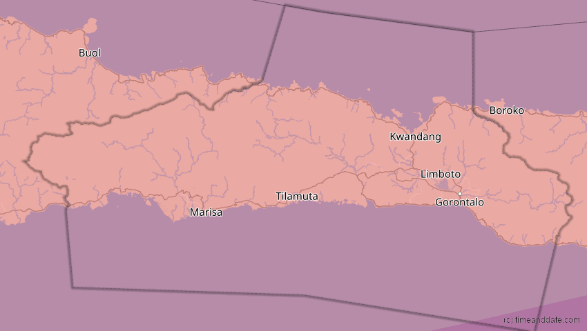 A map of Gorontalo, Indonesien, showing the path of the 9. Mär 2016 Totale Sonnenfinsternis