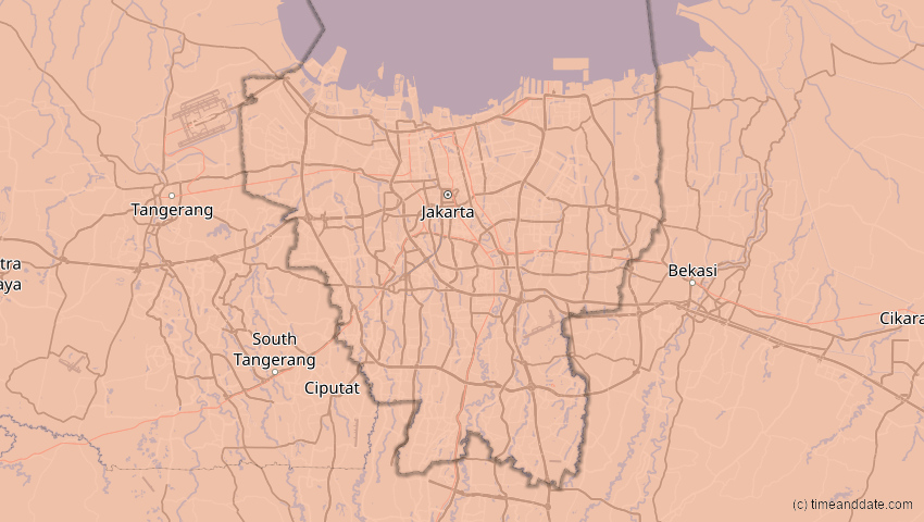 A map of Jakarta Hauptstadtdistrikt, Indonesien, showing the path of the 9. Mär 2016 Totale Sonnenfinsternis