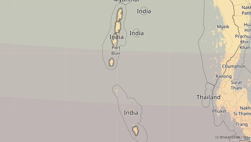 A map of Andamanen und Nikobaren, Indien, showing the path of the 9. Mär 2016 Totale Sonnenfinsternis