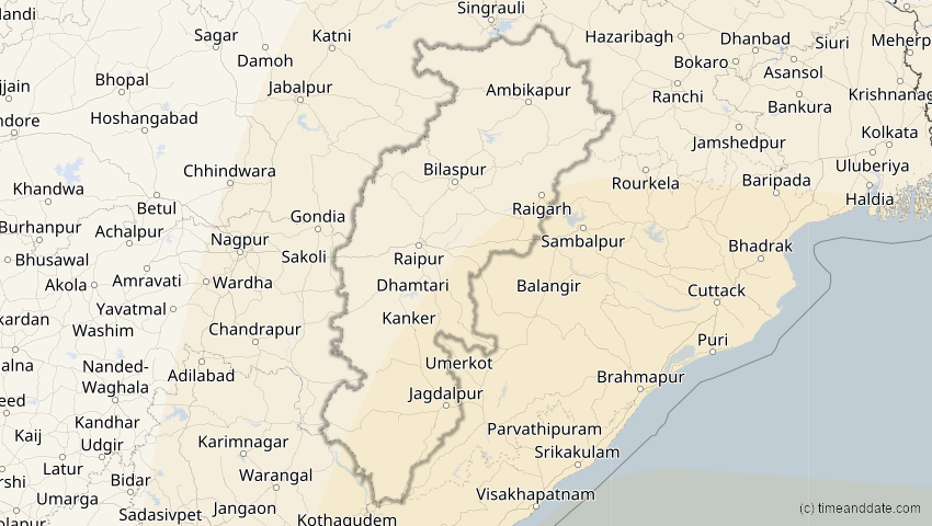 A map of Chhattisgarh, Indien, showing the path of the 9. Mär 2016 Totale Sonnenfinsternis