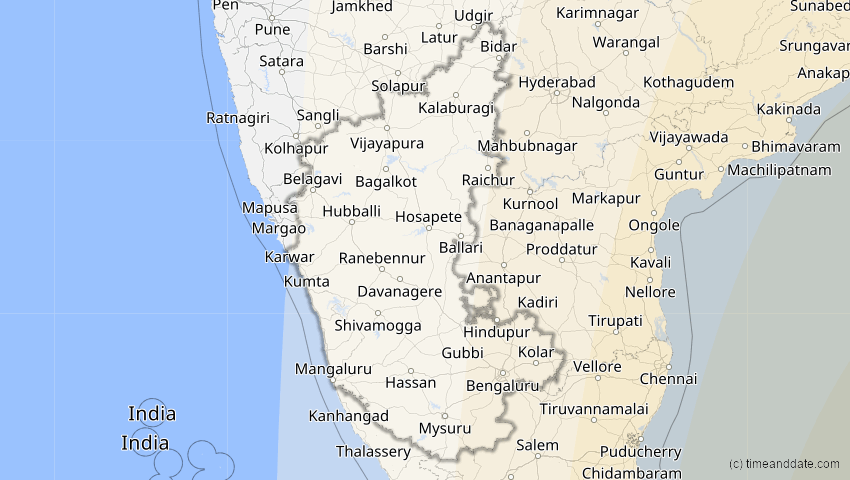 A map of Karnataka, Indien, showing the path of the 9. Mär 2016 Totale Sonnenfinsternis