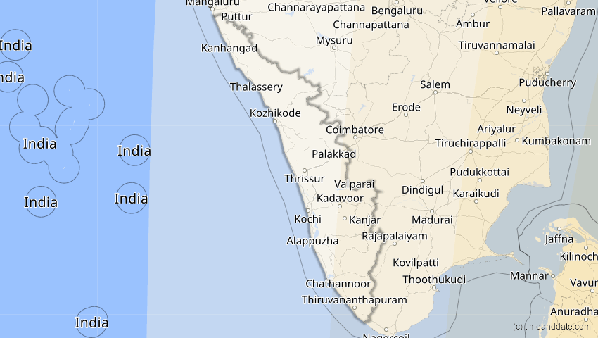 A map of Kerala, Indien, showing the path of the 9. Mär 2016 Totale Sonnenfinsternis