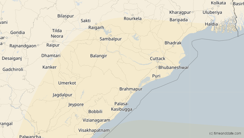 A map of Odisha, Indien, showing the path of the 9. Mär 2016 Totale Sonnenfinsternis
