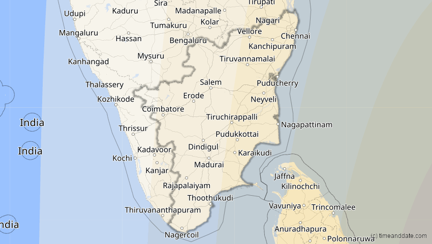 A map of Tamil Nadu, Indien, showing the path of the 9. Mär 2016 Totale Sonnenfinsternis