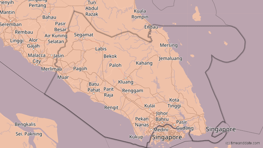 A map of Johor, Malaysia, showing the path of the 9. Mär 2016 Totale Sonnenfinsternis
