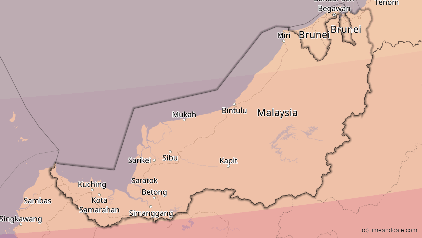 A map of Sarawak, Malaysia, showing the path of the 9. Mär 2016 Totale Sonnenfinsternis
