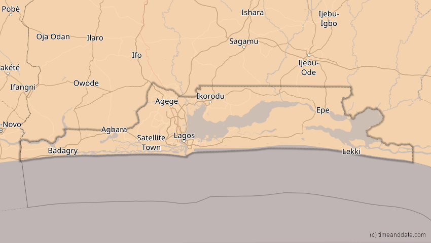 A map of Lagos, Nigeria, showing the path of the 1. Sep 2016 Ringförmige Sonnenfinsternis