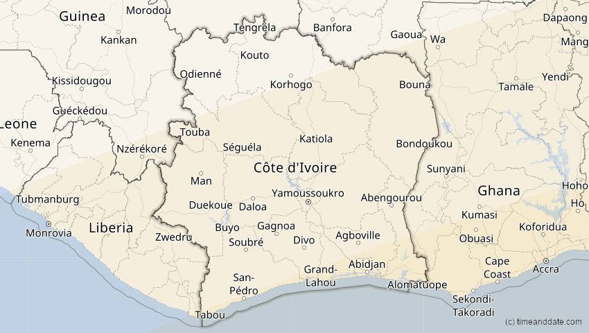A map of Elfenbeinküste (Côte d'Ivoire), showing the path of the 26. Feb 2017 Ringförmige Sonnenfinsternis