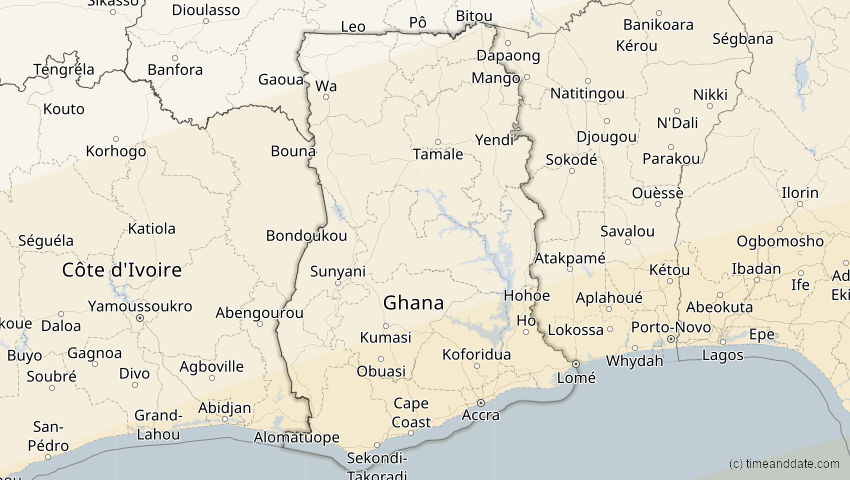A map of Ghana, showing the path of the 26. Feb 2017 Ringförmige Sonnenfinsternis