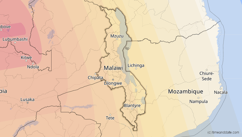 A map of Malawi, showing the path of the 26. Feb 2017 Ringförmige Sonnenfinsternis