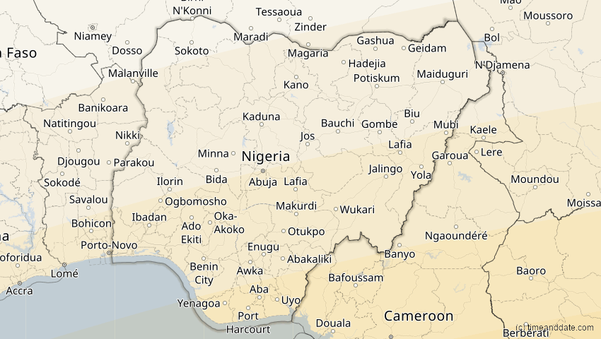 A map of Nigeria, showing the path of the 26. Feb 2017 Ringförmige Sonnenfinsternis