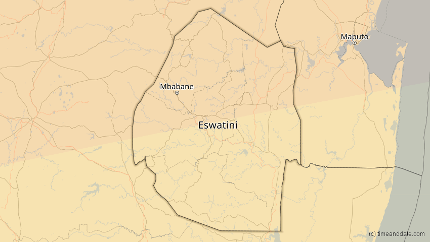 A map of Eswatini, showing the path of the 26. Feb 2017 Ringförmige Sonnenfinsternis