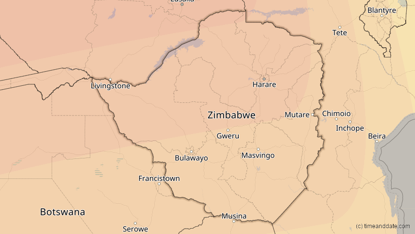 A map of Simbabwe, showing the path of the 26. Feb 2017 Ringförmige Sonnenfinsternis