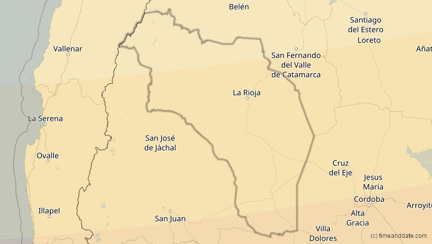 A map of Rioja, Argentinien, showing the path of the 26. Feb 2017 Ringförmige Sonnenfinsternis