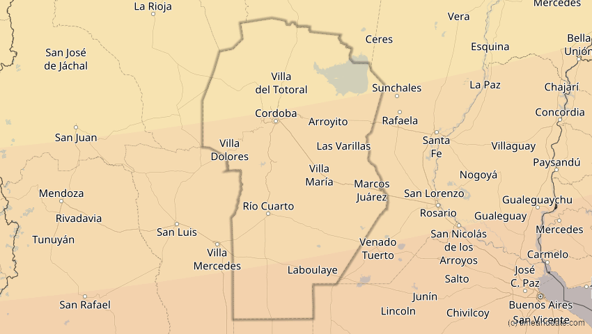A map of Córdoba, Argentinien, showing the path of the 26. Feb 2017 Ringförmige Sonnenfinsternis