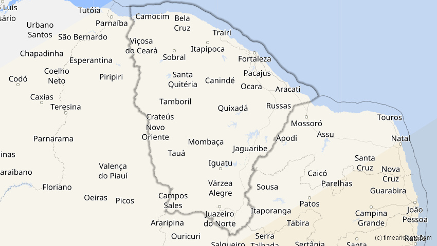 A map of Ceará, Brasilien, showing the path of the 26. Feb 2017 Ringförmige Sonnenfinsternis