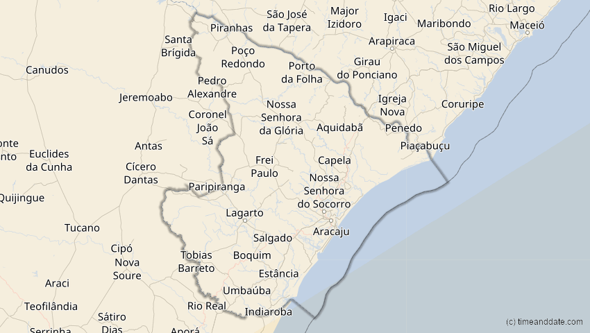 A map of Sergipe, Brasilien, showing the path of the 26. Feb 2017 Ringförmige Sonnenfinsternis