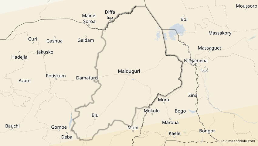 A map of Borno, Nigeria, showing the path of the 26. Feb 2017 Ringförmige Sonnenfinsternis
