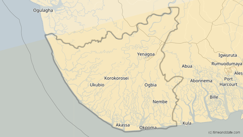 A map of Bayelsa, Nigeria, showing the path of the 26. Feb 2017 Ringförmige Sonnenfinsternis