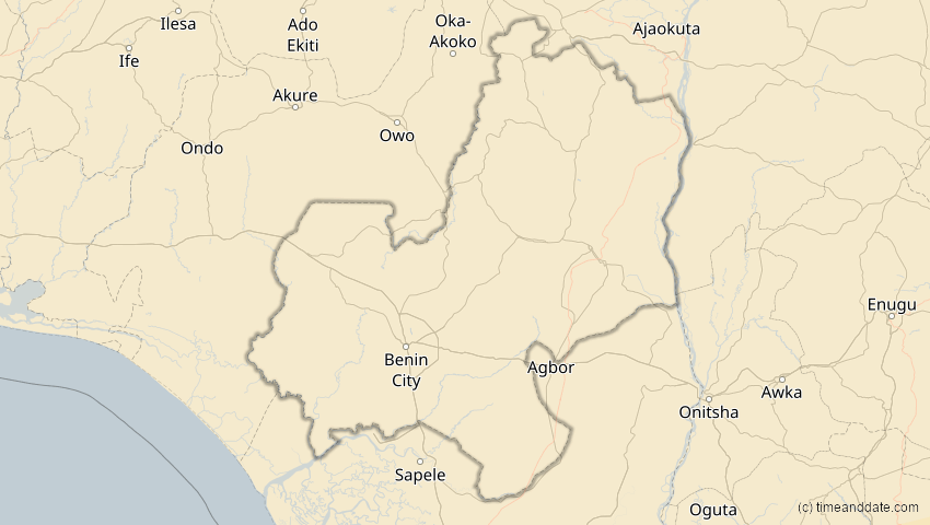 A map of Edo, Nigeria, showing the path of the 26. Feb 2017 Ringförmige Sonnenfinsternis