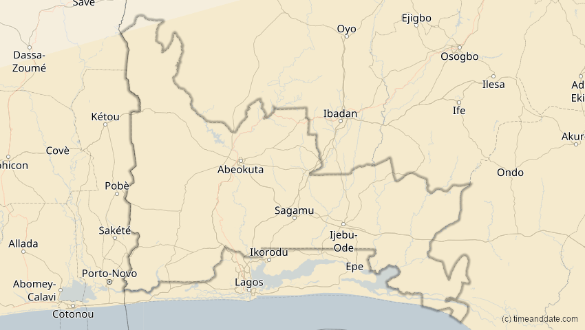 A map of Ogun, Nigeria, showing the path of the 26. Feb 2017 Ringförmige Sonnenfinsternis