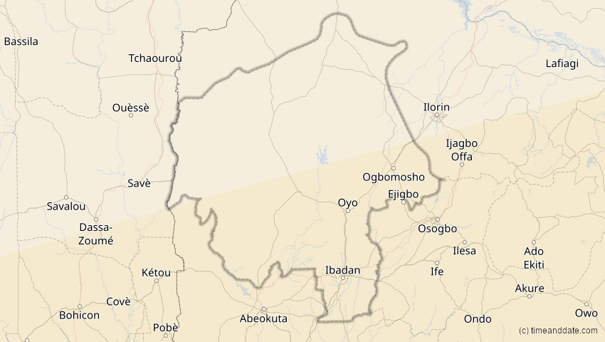 A map of Oyo, Nigeria, showing the path of the 26. Feb 2017 Ringförmige Sonnenfinsternis
