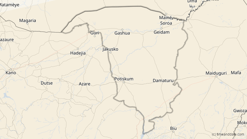A map of Yobe, Nigeria, showing the path of the 26. Feb 2017 Ringförmige Sonnenfinsternis