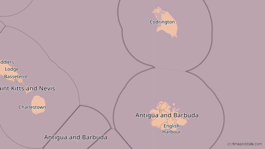 A map of Antigua und Barbuda, showing the path of the 21. Aug 2017 Totale Sonnenfinsternis